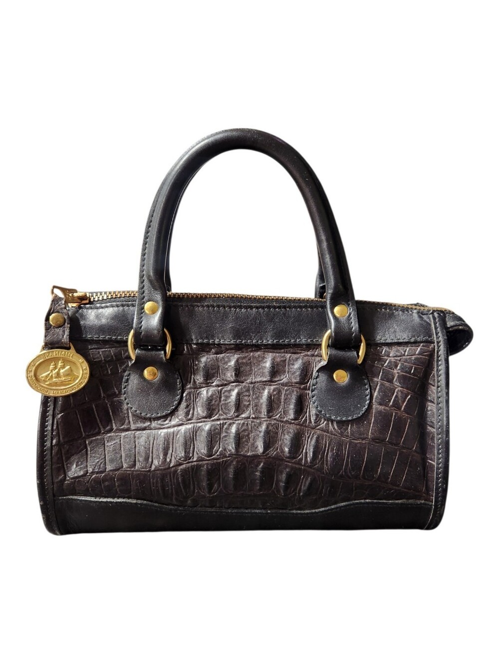 Vintage Brahmin Leather Embossed Croc Barrel Bag Satchel EUC